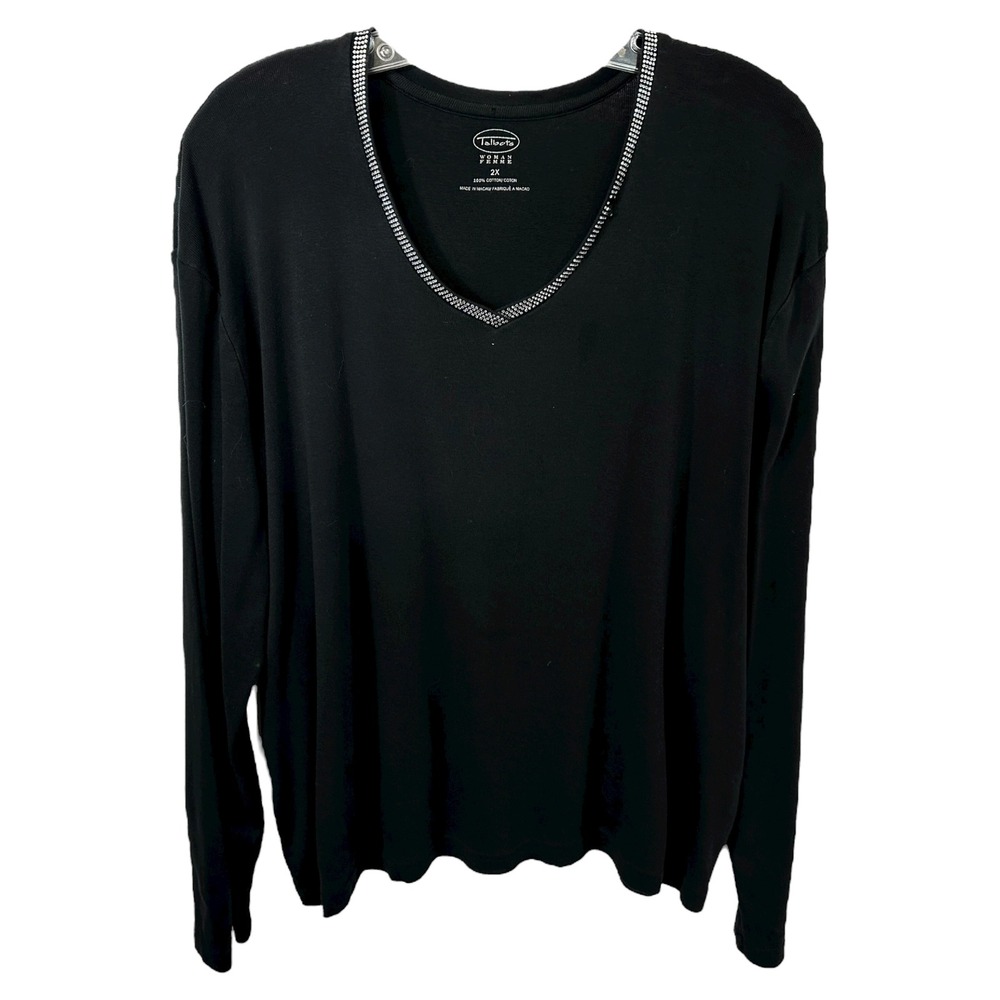 Talbots Plus Size 2X Top Black Long Sleeve Knit Rhinestone V‎ Neck Holiday 742